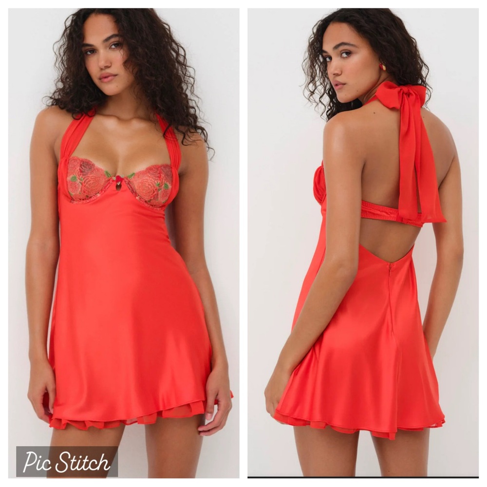 For Love & Lemons Red Satin Halter Slip Dress with Embroidered Bust
